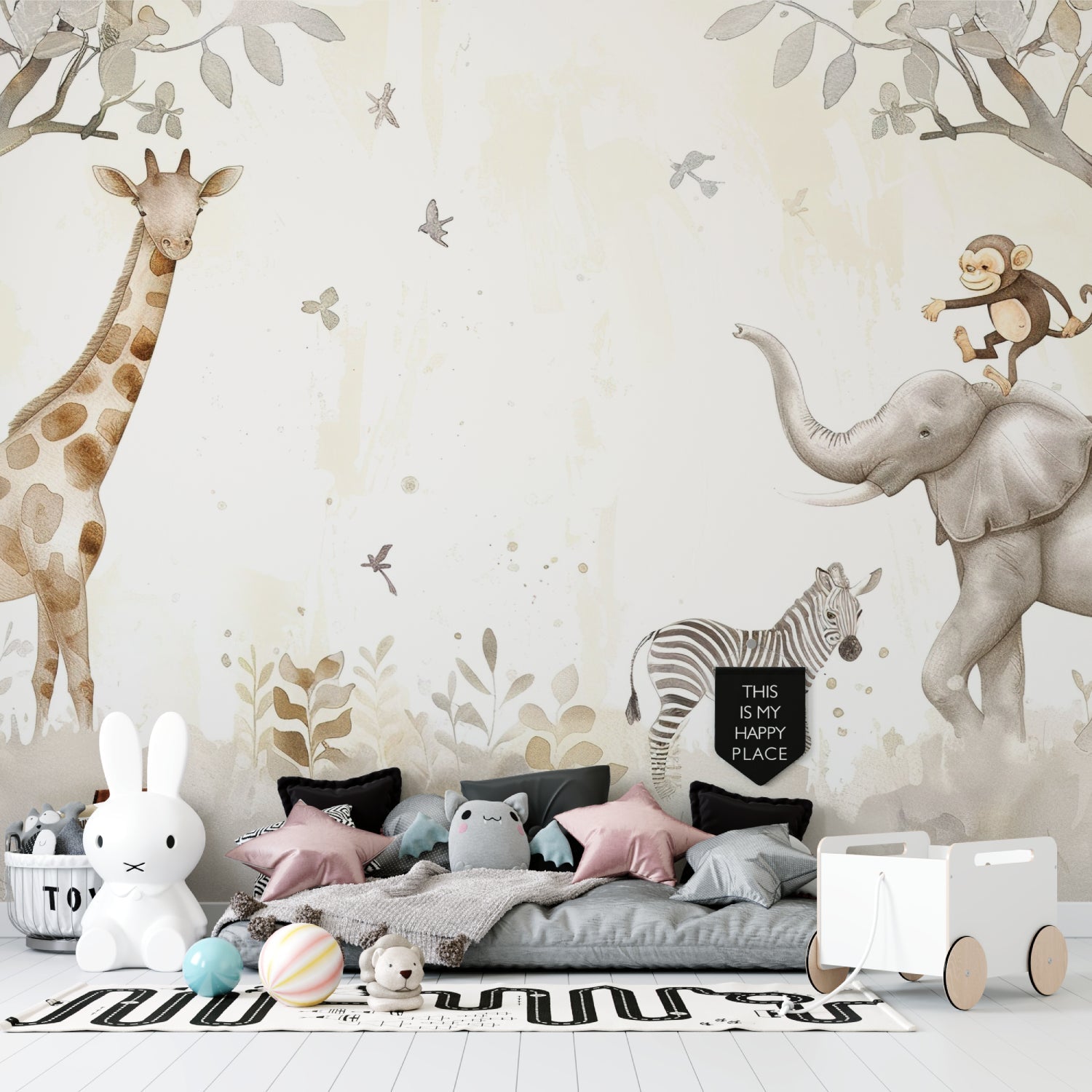 Neutral tone safari mural adding charm to a modern family room