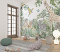 Safari animals wallpaper creating a cozy reading nook in a modern nursery with soft natural lighting
