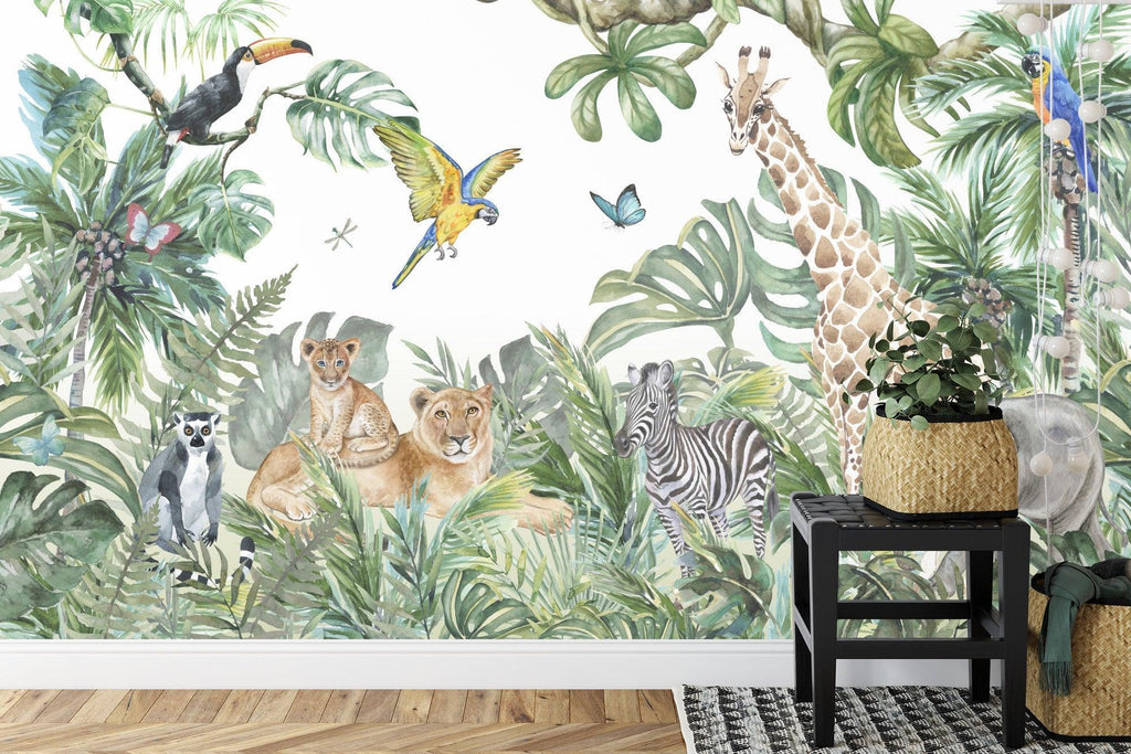 Safari mural wallpaper making a statement in a modern white nursery