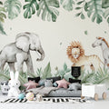 Safari Animals Wallpaper in bright nursery with white furniture showing watercolor elephants and monstera leaves