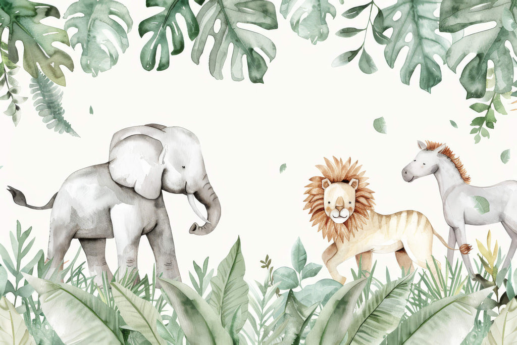 Safari Animals Wallpaper design file showing full pattern of watercolor wildlife and monstera leaves