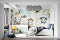 Safari animals wallpaper in bright nursery showing lions and zebra, perfect for creating a playful atmosphere