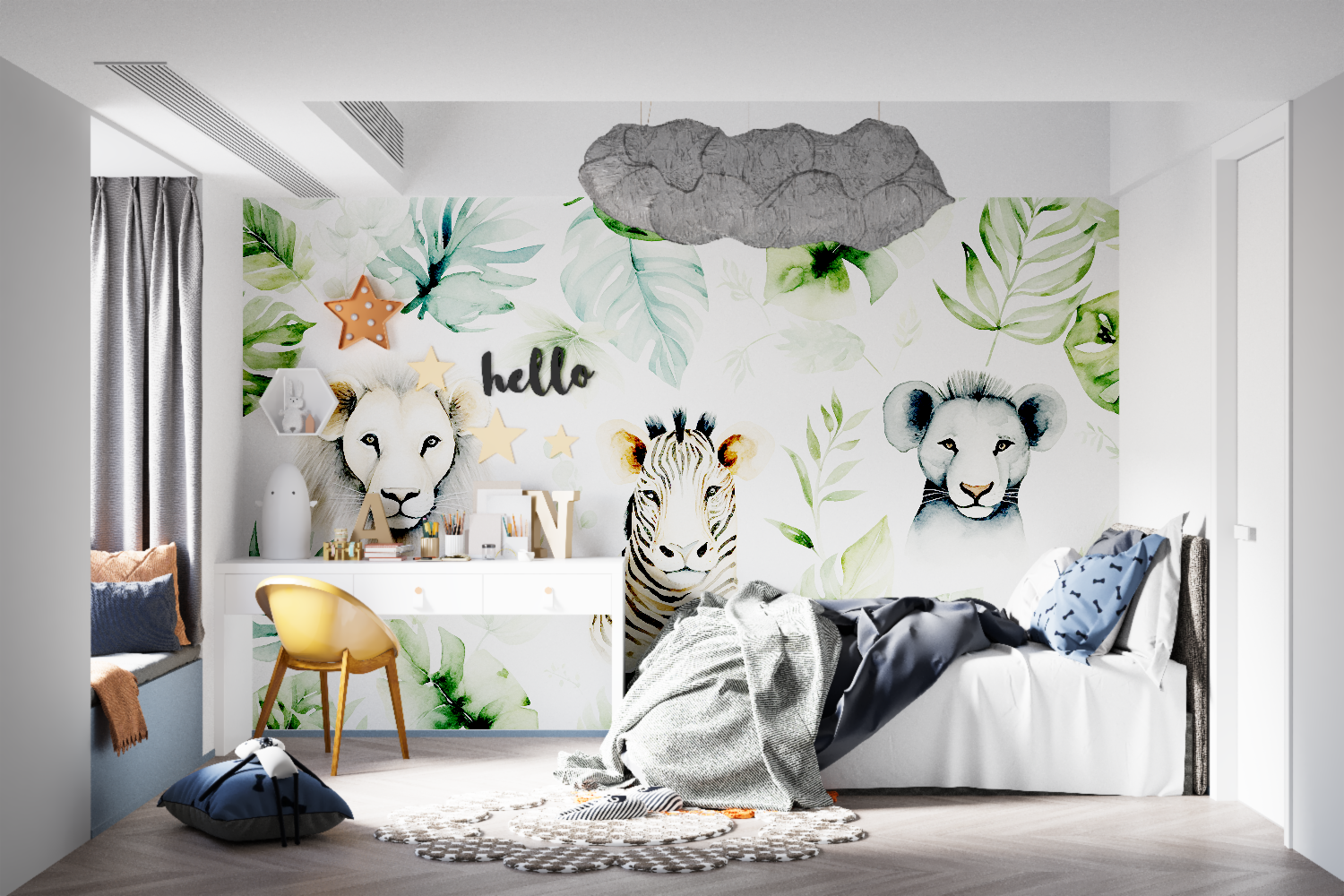 Safari animals wallpaper in bright nursery showing lions and zebra, perfect for creating a playful atmosphere