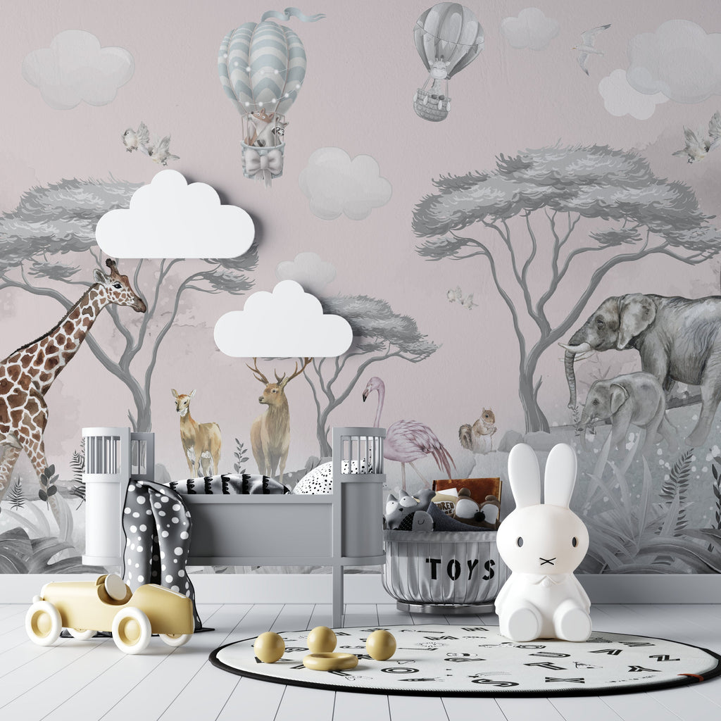 Kids safari wallpaper showcased in a modern children's bedroom with natural light