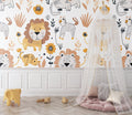 Safari Lion Wallpaper in bright nursery with white furniture and natural light