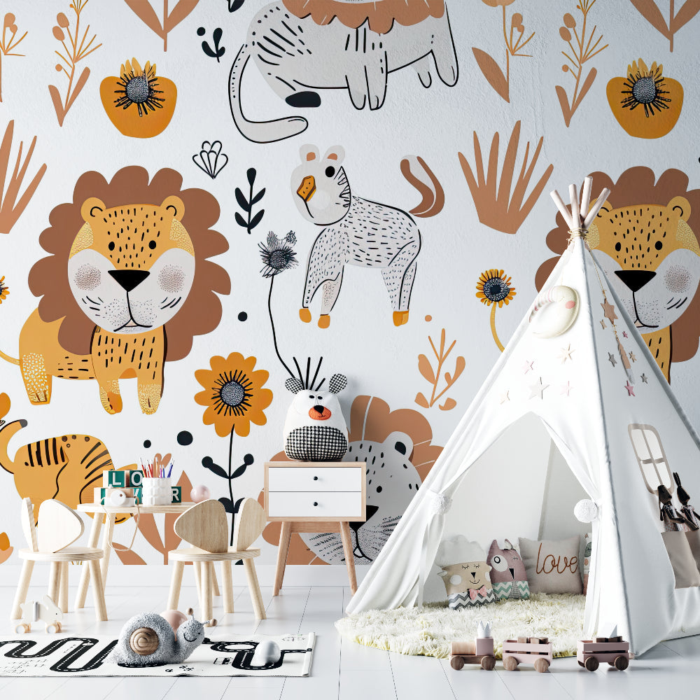 Lion Wallpaper featuring sweet lions and sunflowers in modern playroom setting