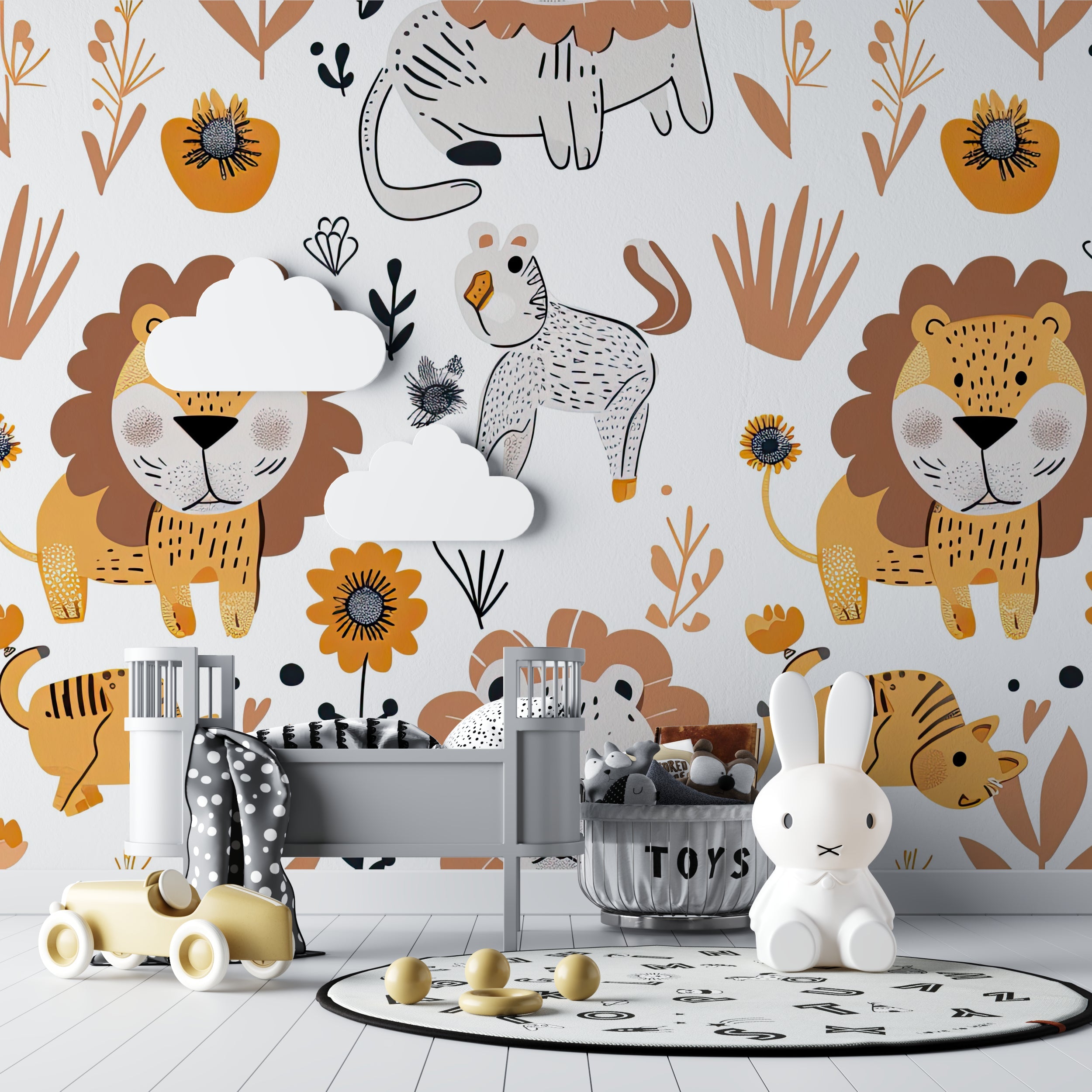 Nordic Lion Wallpaper displayed in Scandinavian style children's bedroom