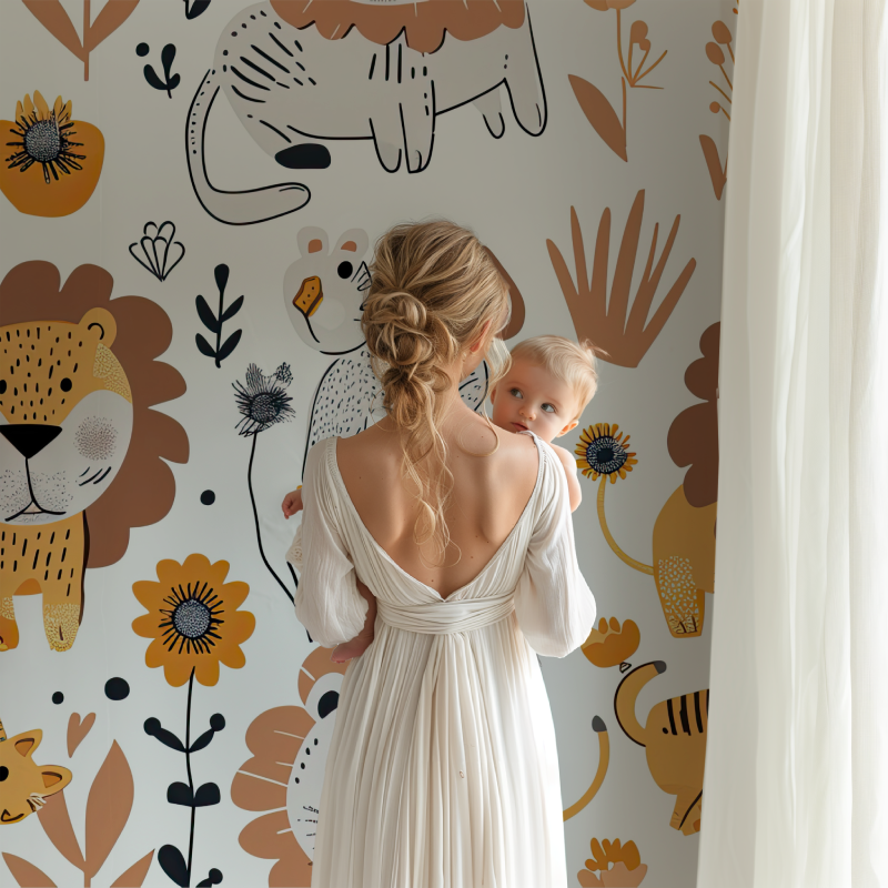 Lion and Sunflower Wallpaper creating magic in modern baby room