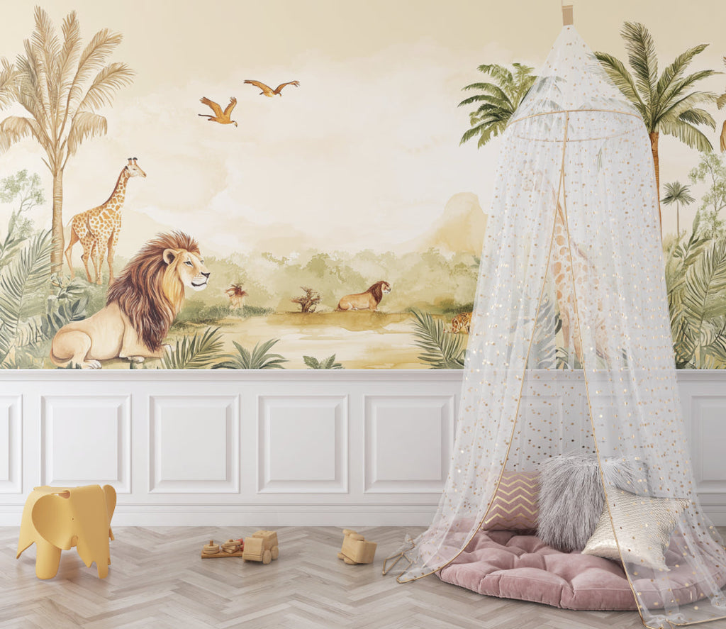 African wildlife mural bringing nature to playroom with reading nook