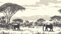 African elephant wallpaper mural styled in a modern living room, showing grey tones and peaceful savanna landscape