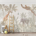Safari wallpaper creates cozy atmosphere in modern nursery with neutral furniture and natural light