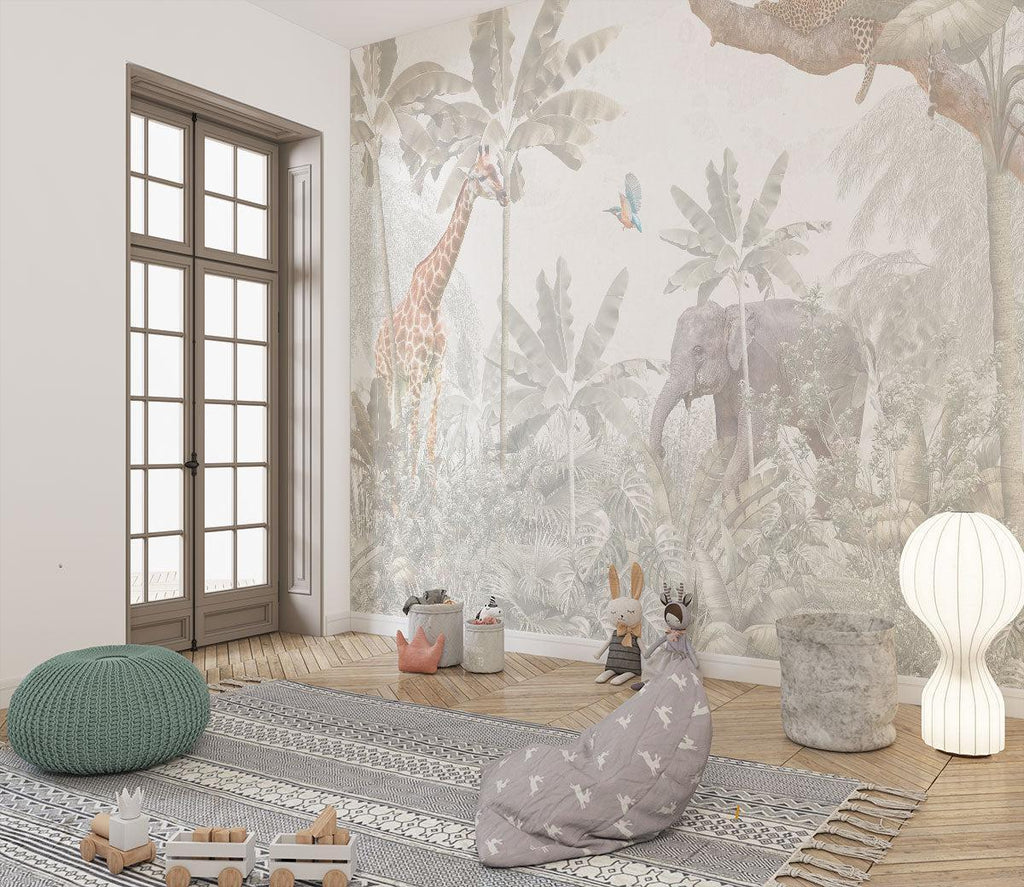 Beige jungle mural adds warmth to minimalist living room with safari animals theme