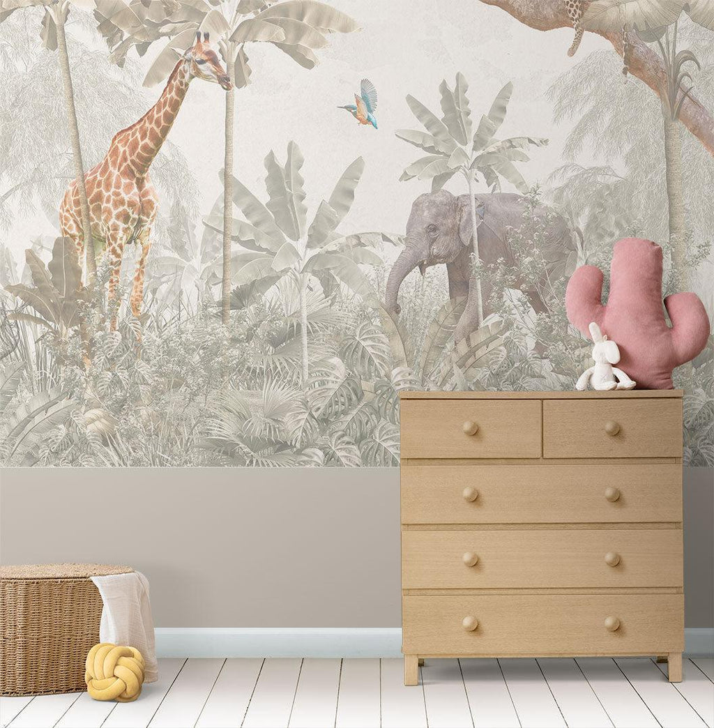 Safari animals wallpaper transforms child's bedroom into gentle wildlife sanctuary