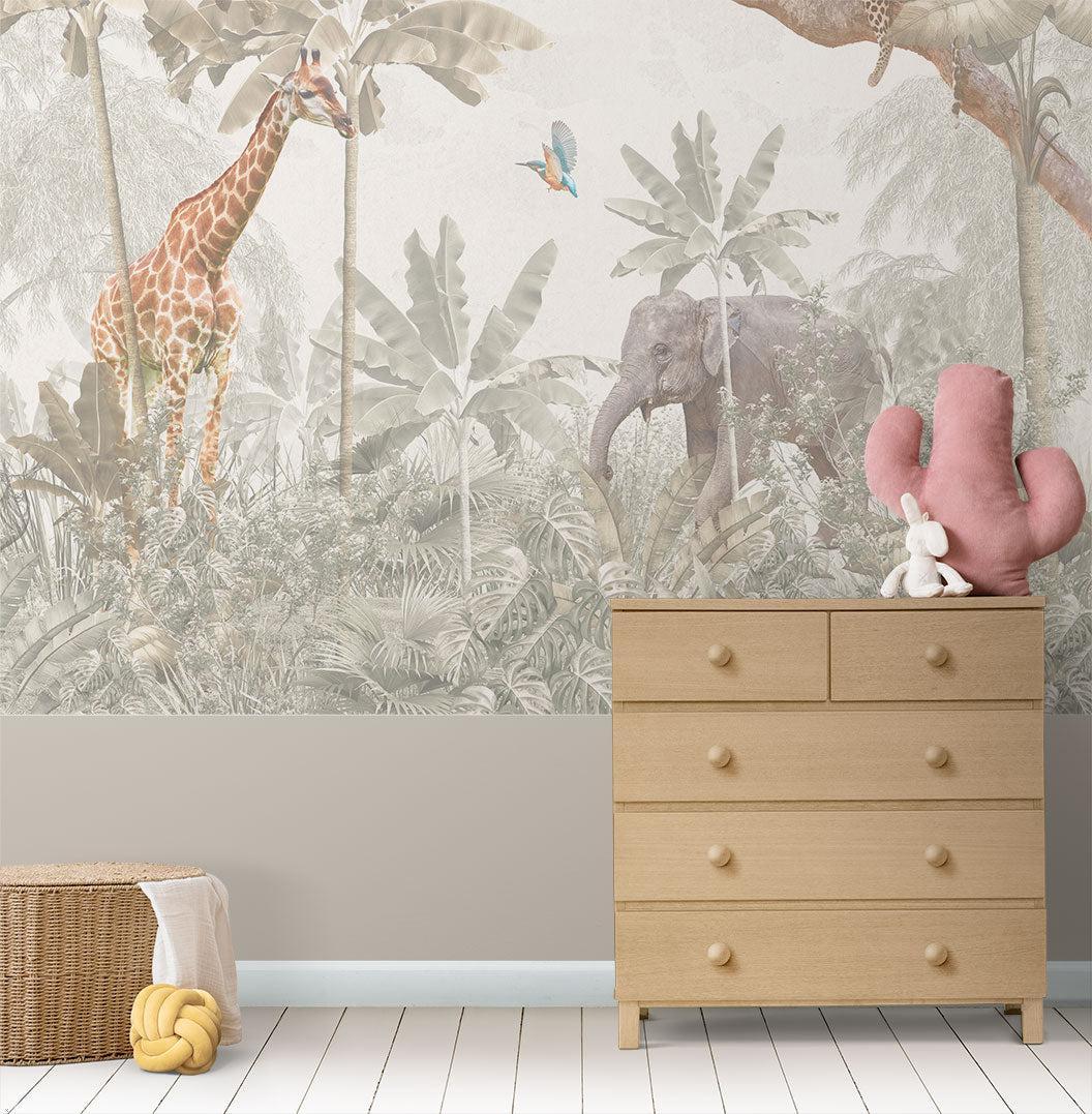 Safari animals wallpaper transforms child's bedroom into gentle wildlife sanctuary