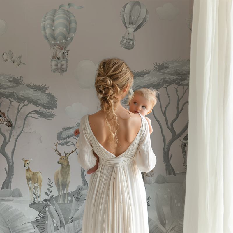 Pink nursery wallpaper showing scale in a modern children's bedroom