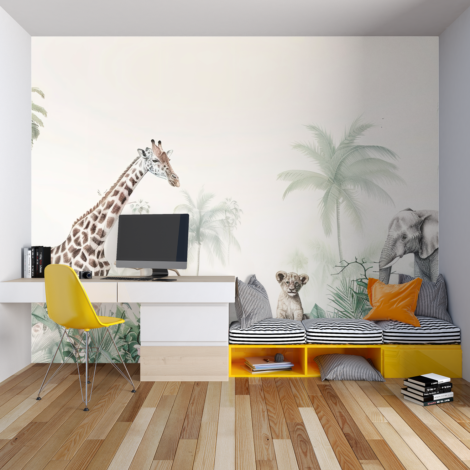 Giraffe wall mural bringing safari vibes to modern living room