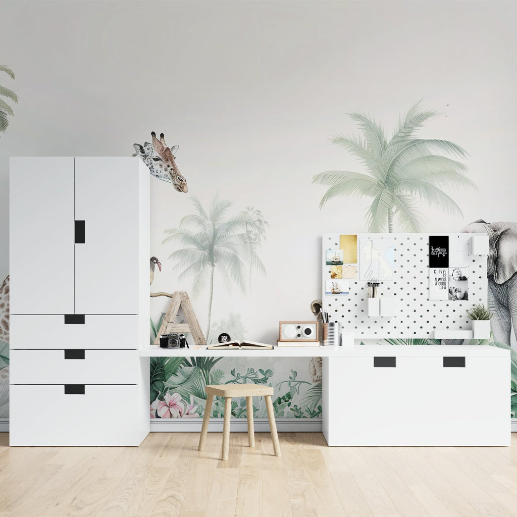 Safari themed wallpaper transforming child's bedroom with peaceful giraffe design
