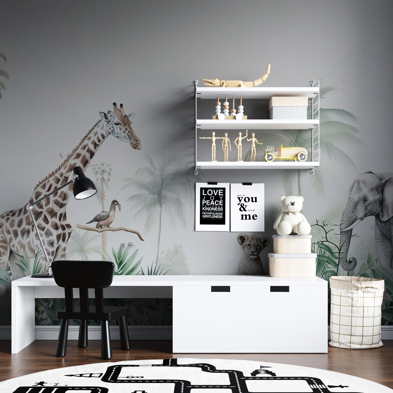 Tropical wildlife wallpaper in home office creating serene workspace