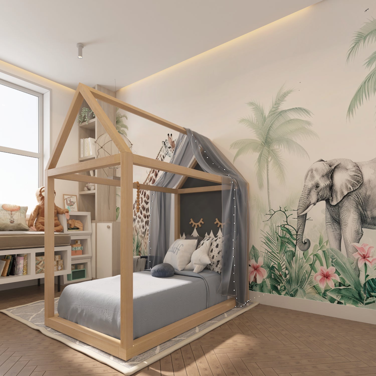 Safari mural bringing warmth to a family room with modern furniture