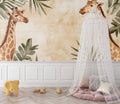Safari wallpaper mural in bright nursery with wooden crib and natural decor