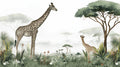 Safari mural wallpaper in cozy nursery showing giraffe scene with soft lighting and natural decor