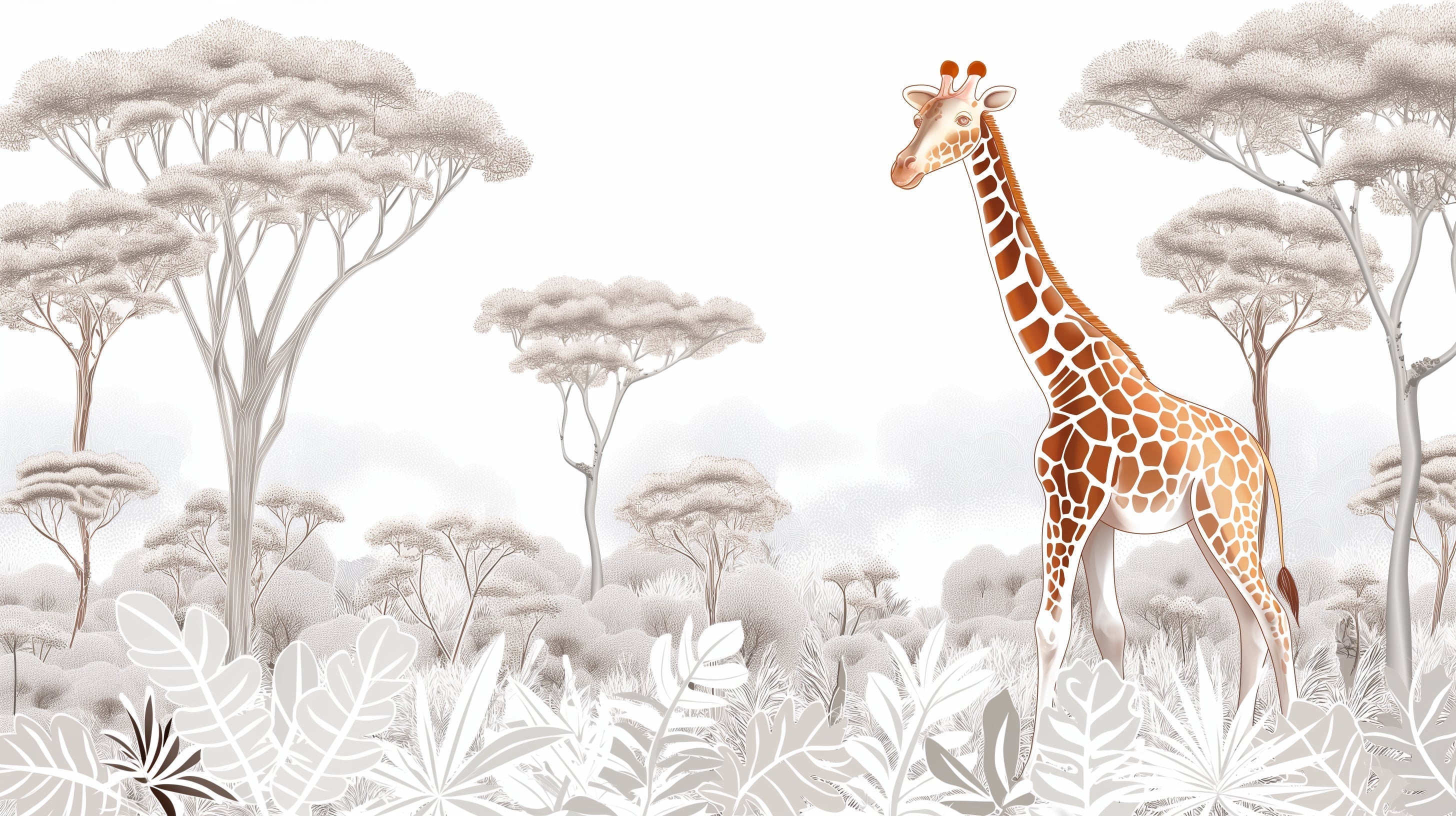 Giraffe Safari Wallpaper design file showing detailed pattern and misty acacia trees background