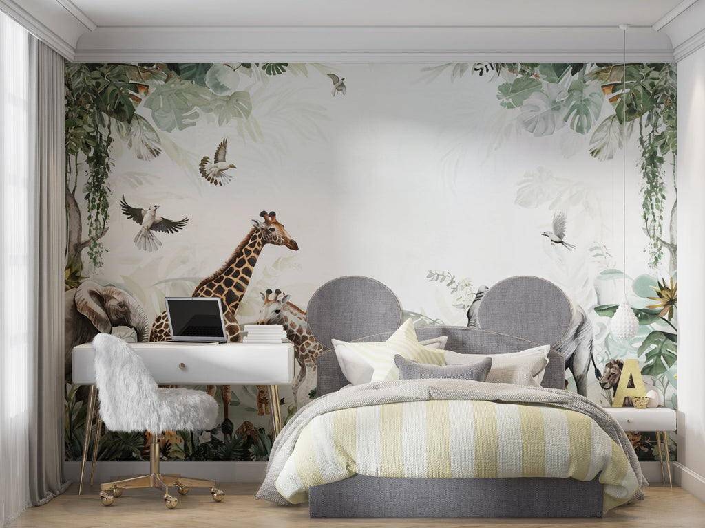 Safari themed wallpaper enhancing reading nook with gentle animal illustrations