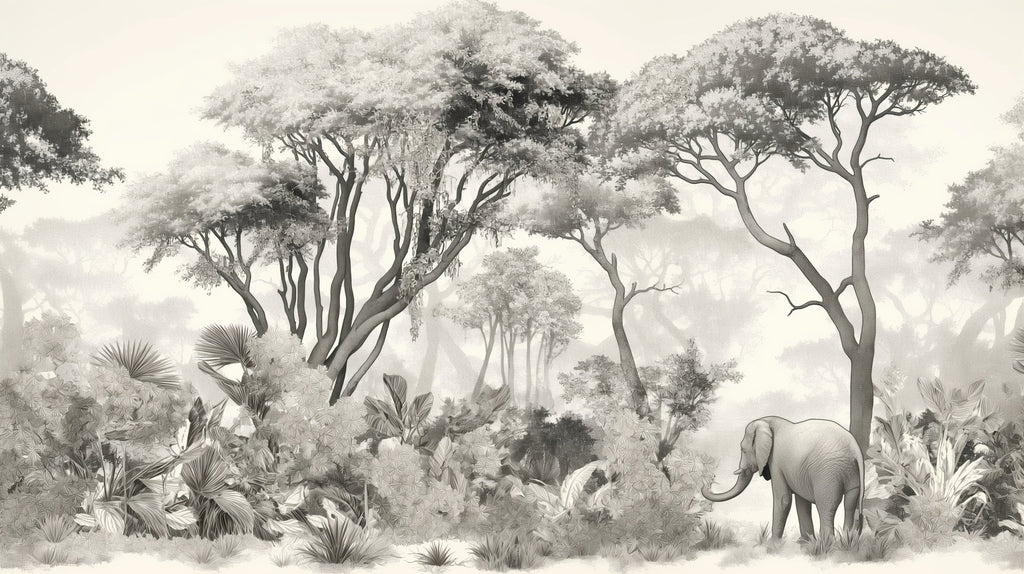 Monochrome elephant safari wallpaper design file showing detailed misty forest pattern