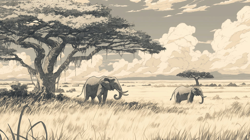 Safari Elephant Wallpaper design file showing detailed monochrome African landscape pattern