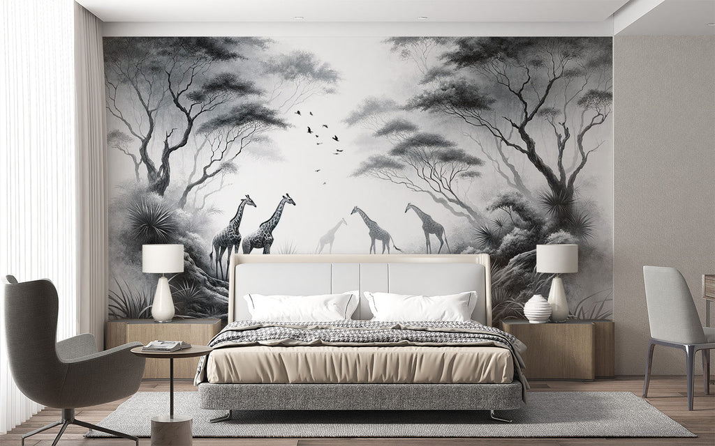 Monochrome giraffe safari wallpaper design file showing the complete pattern with misty savanna landscape