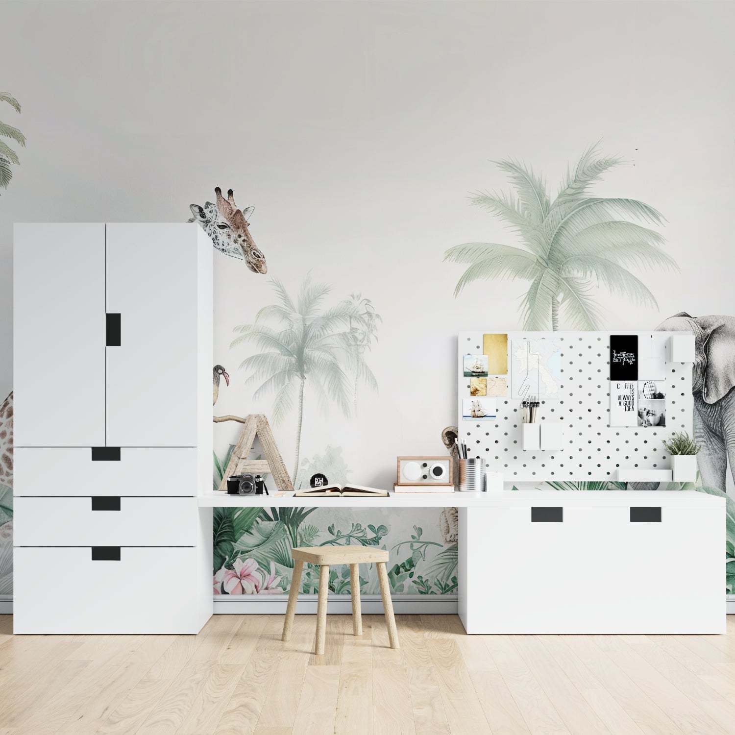 Safari animals wallpaper mural styled in a bright nursery with soft green accents and natural wood furniture
