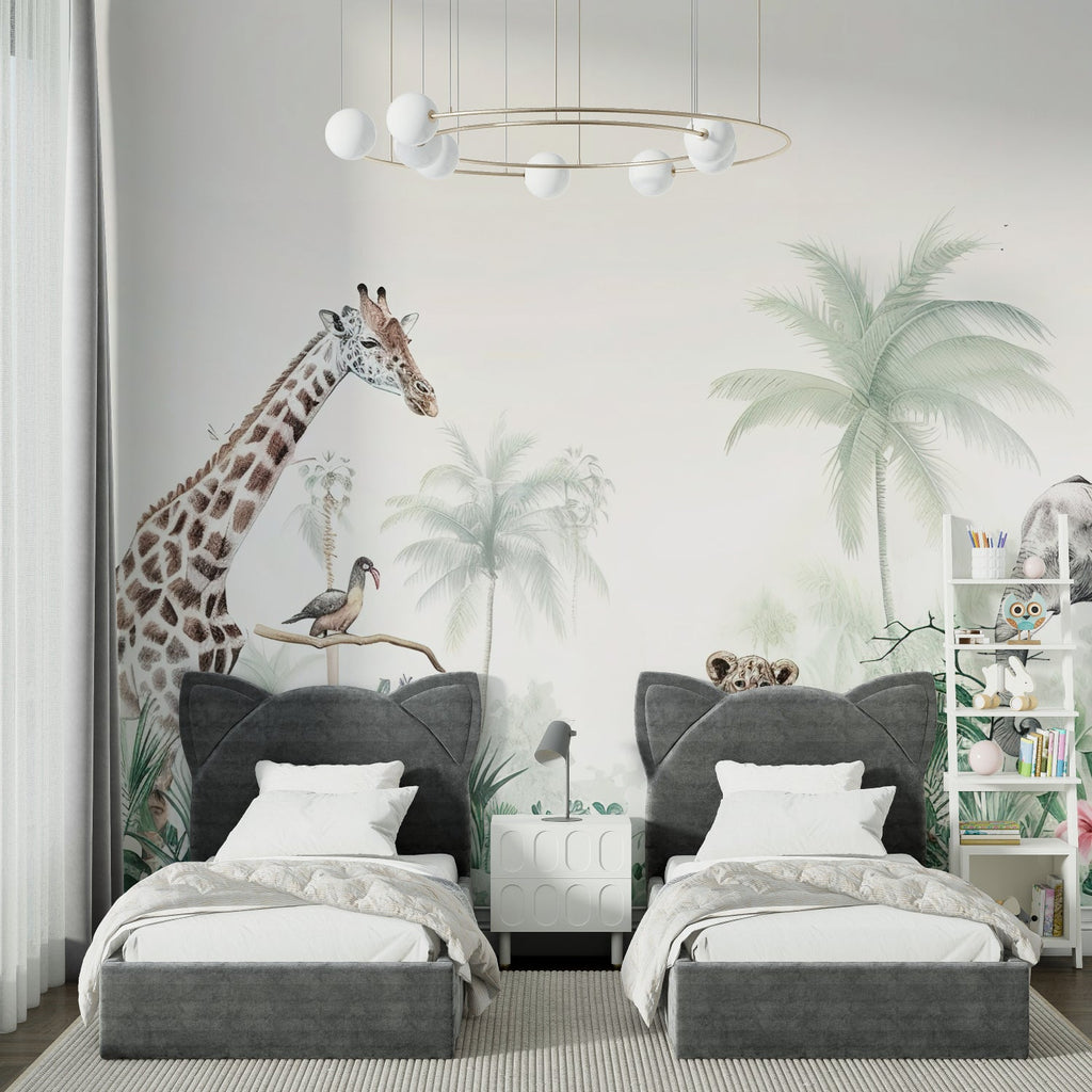 Jungle animals mural creating depth in a compact bedroom with minimalist decor