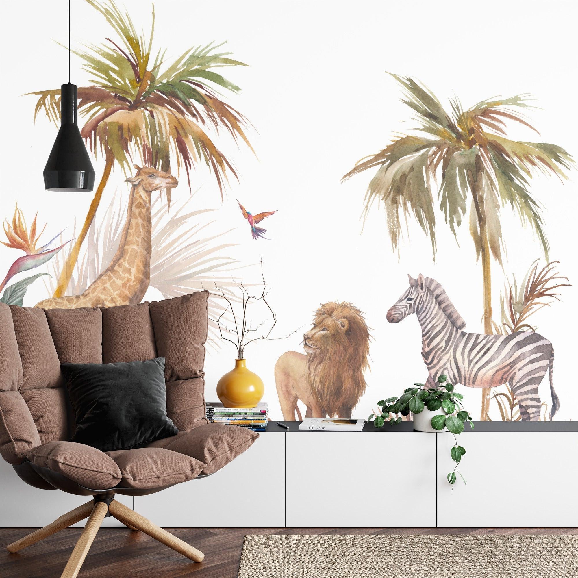 African wildlife mural wallpaper featured in a cozy children's reading nook with soft cushions