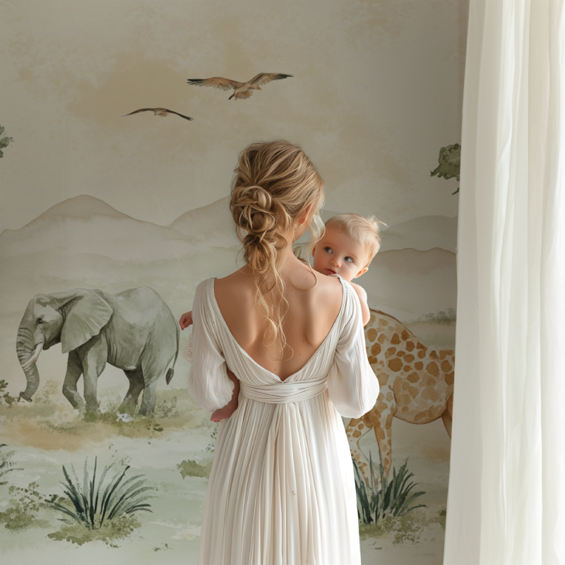 Gentle safari mural adding warmth to baby room with wooden furniture