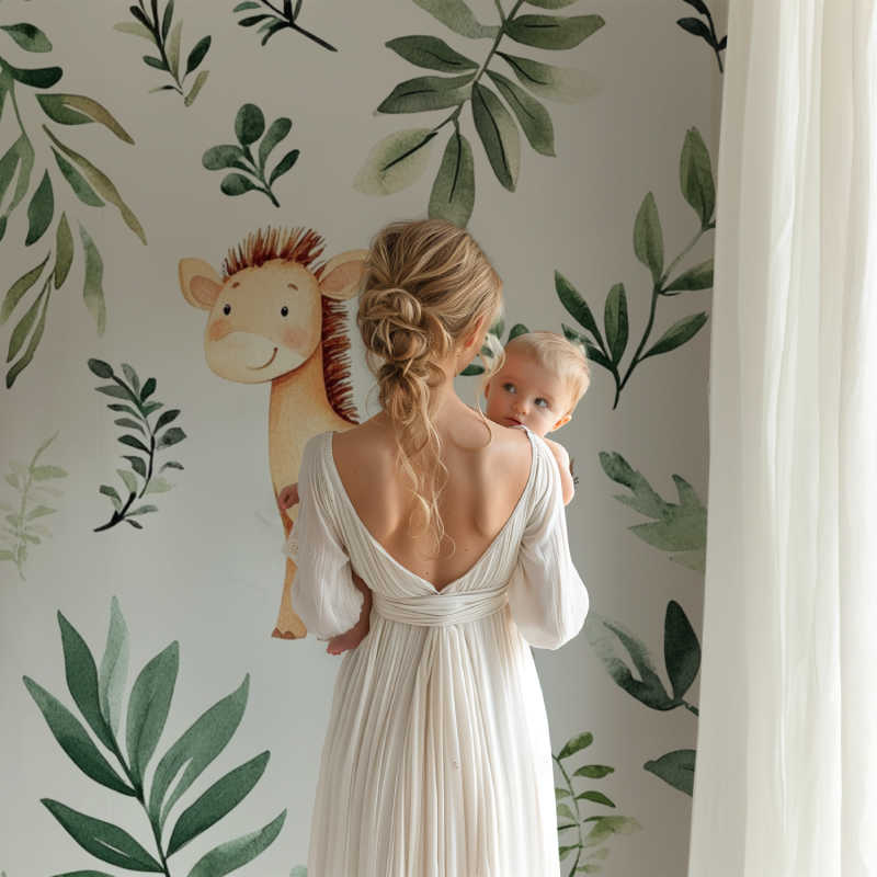 Baby safari wallpaper displayed in a gender-neutral nursery setting