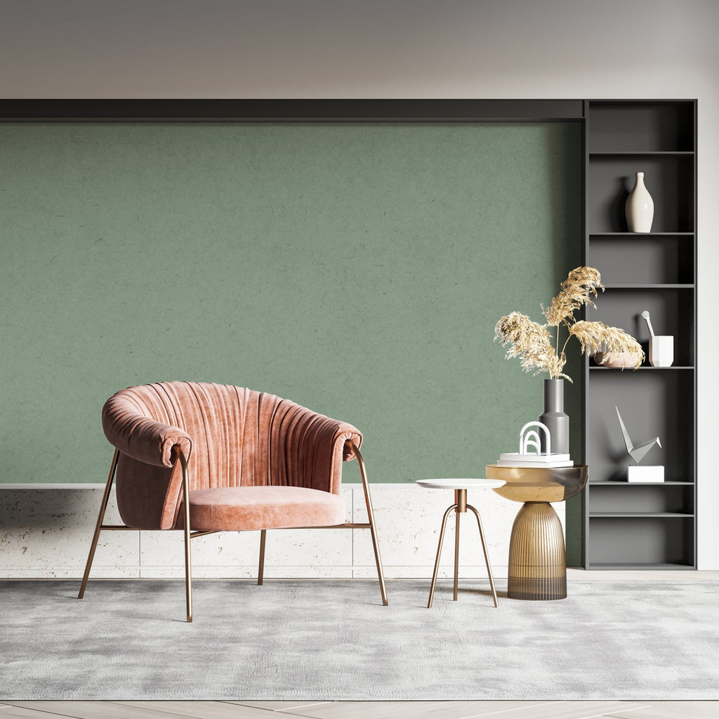 Sage green minimalist wallpaper in dining room with modern furniture