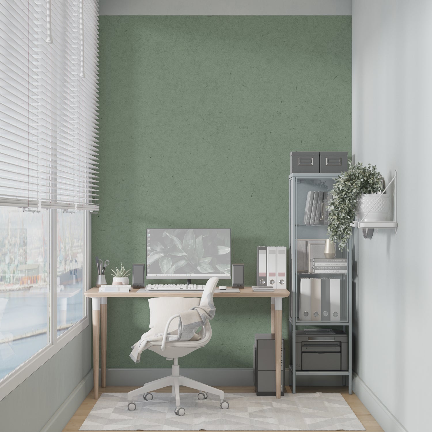 Modern green wallpaper creating serene bathroom accent wall