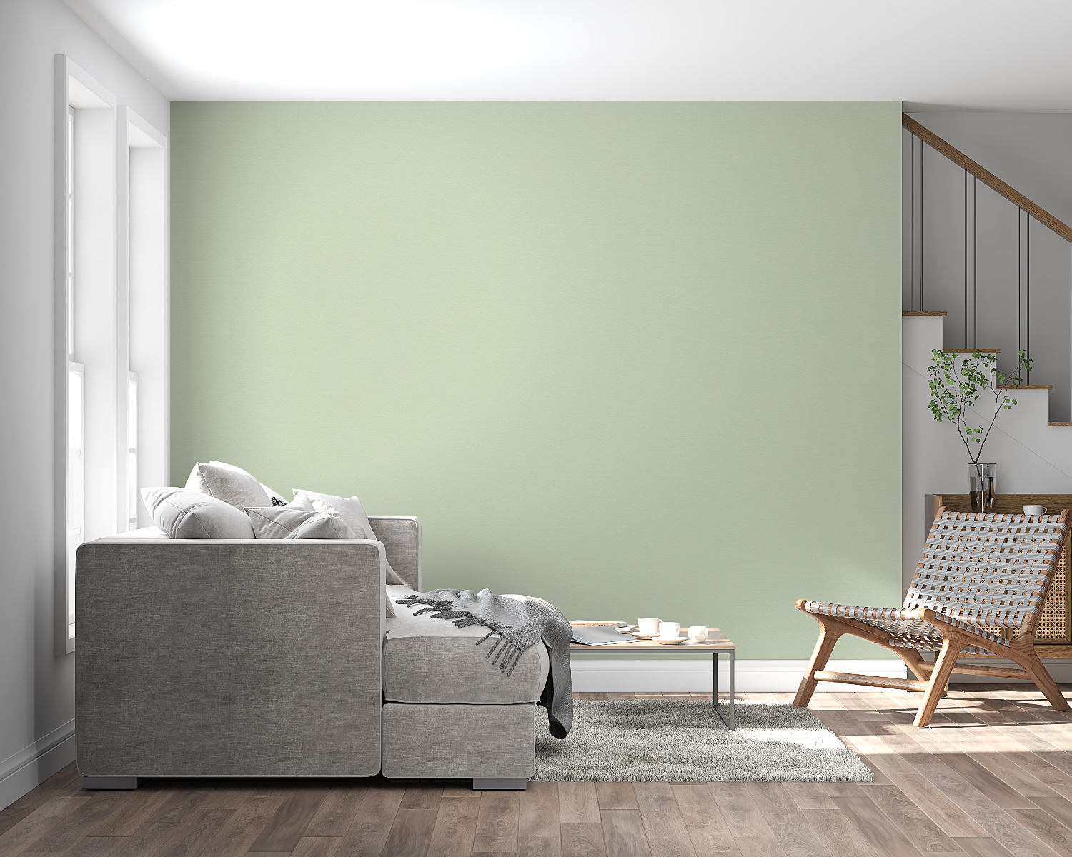 Contemporary bedroom featuring sage green wall mural with minimalist furniture