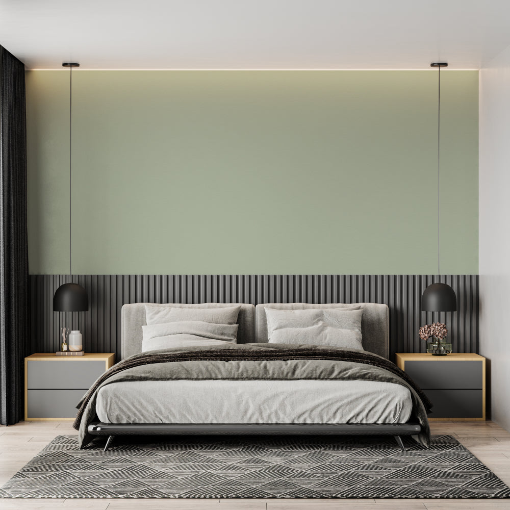 Entryway transformed with minimalist sage green mural wallpaper