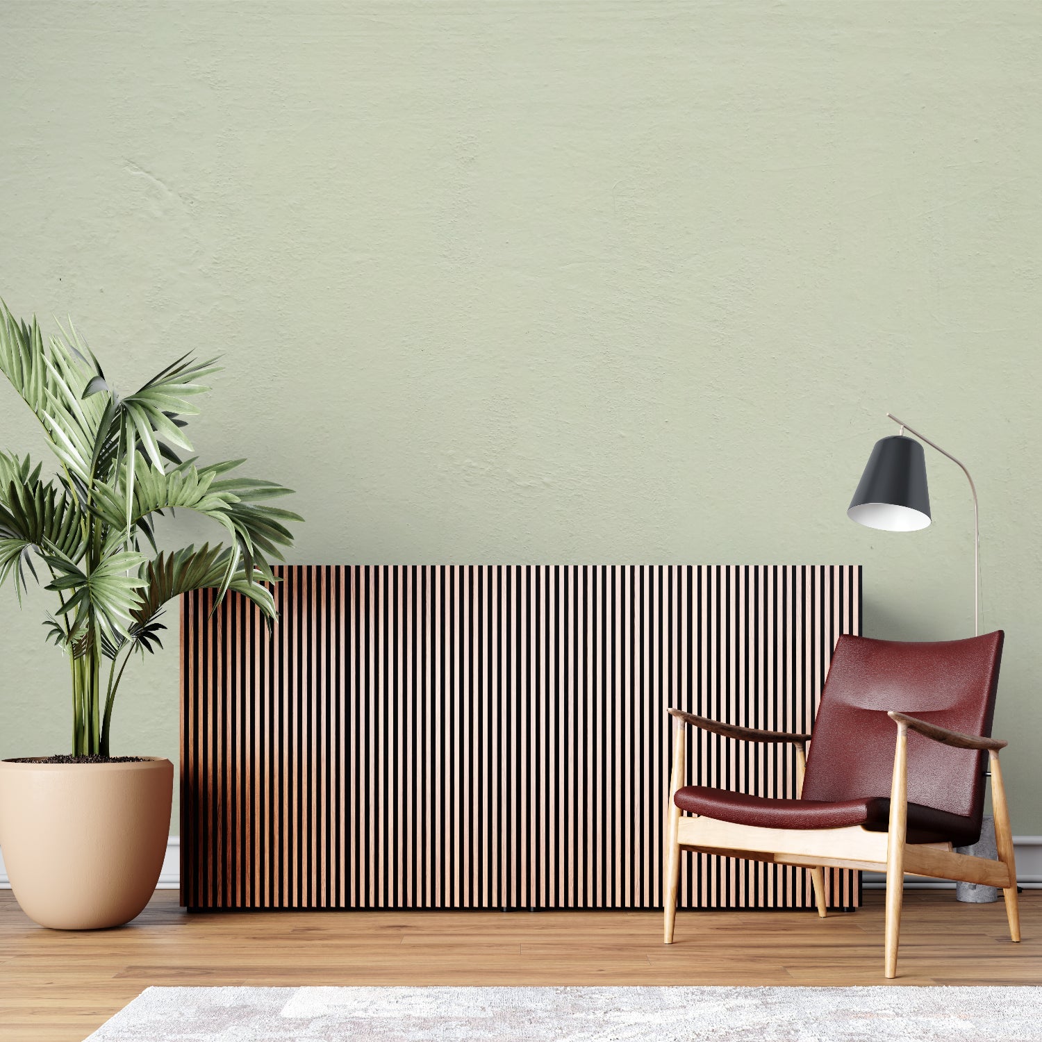 Sage green minimalist wallpaper in a bright Scandinavian living room showing natural light interaction