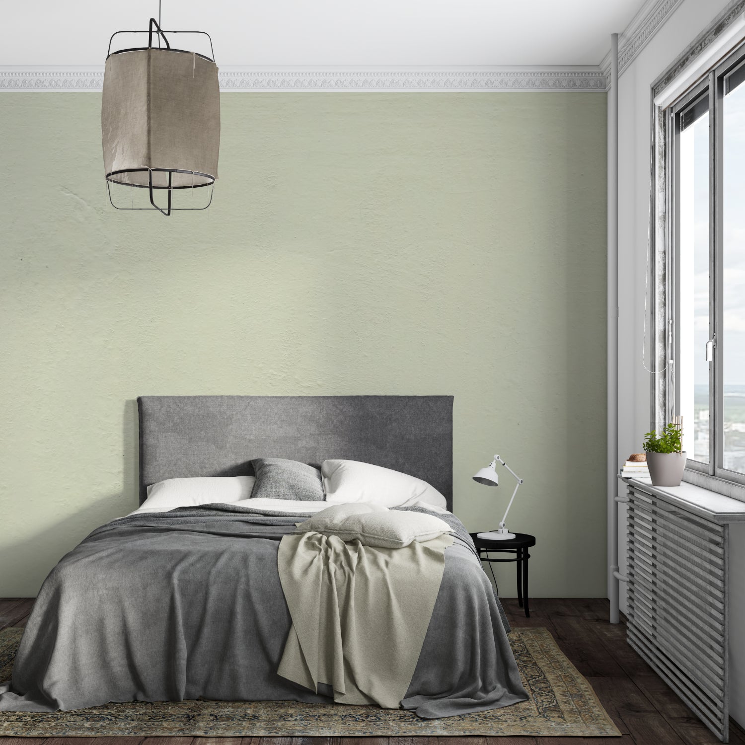 Modern bedroom featuring sage green wall mural with minimal furniture setup