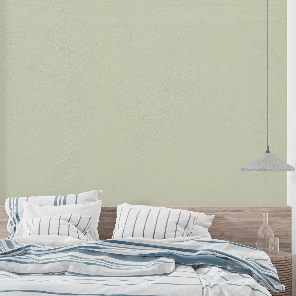 Dining room showcasing sage green wall design in natural daylight
