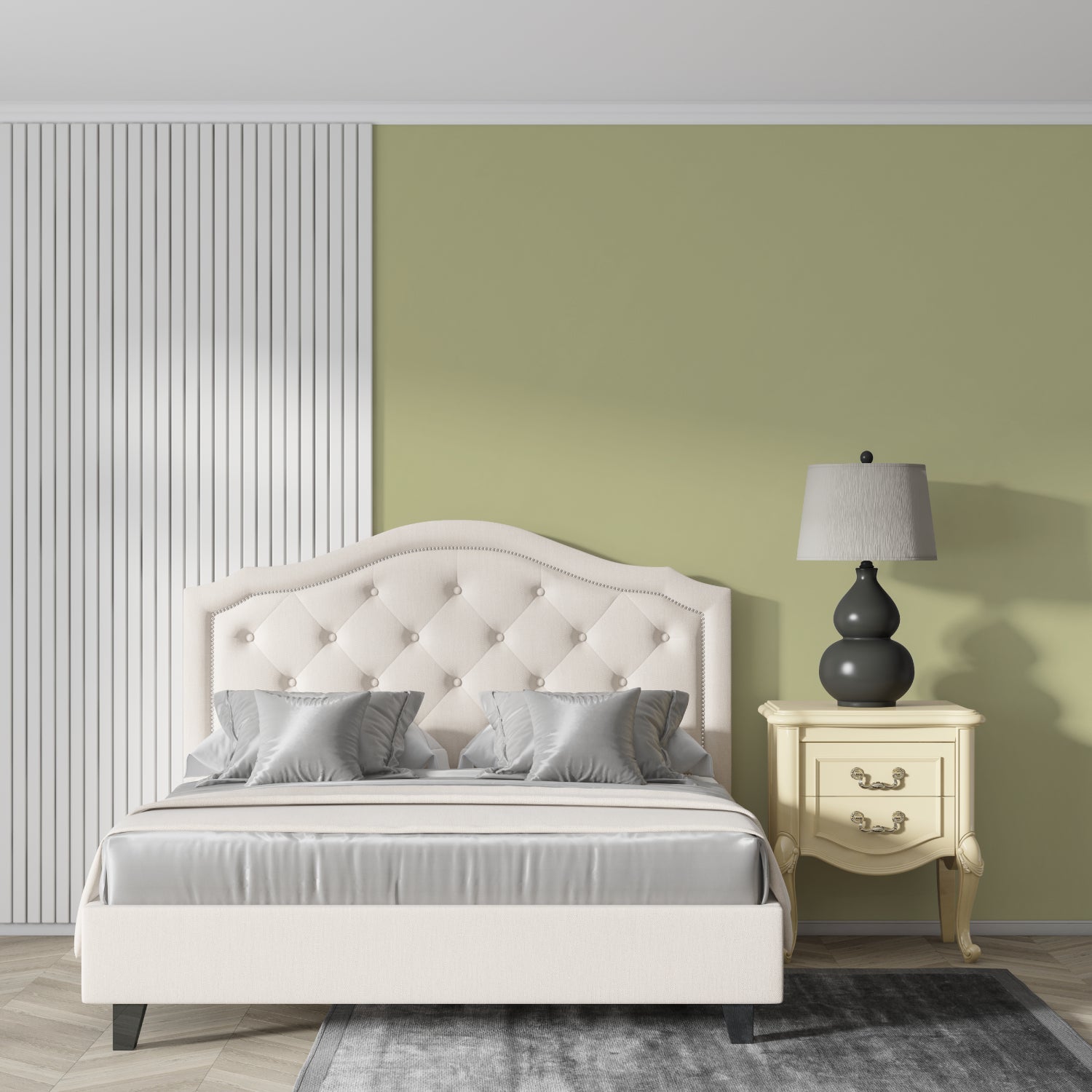 Home office featuring calming sage green wallpaper with minimalist aesthetic