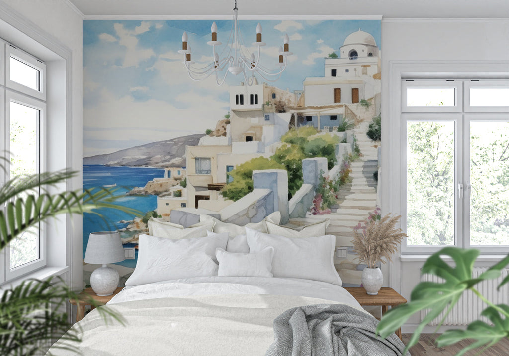 Mediterranean scene wallpaper making a dramatic statement in a home office