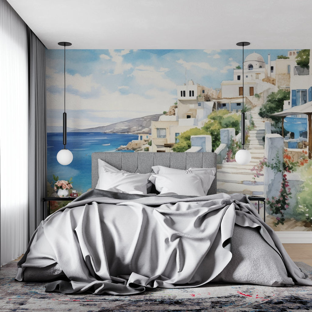 Watercolor Santorini mural creating depth in a minimalist hallway