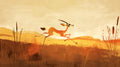 Savanna wallpaper with leaping antelope creating drama in modern living room with orange sunset glow