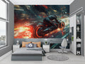 Futuristic motorcycle wallpaper in modern gaming room with neon lighting effects