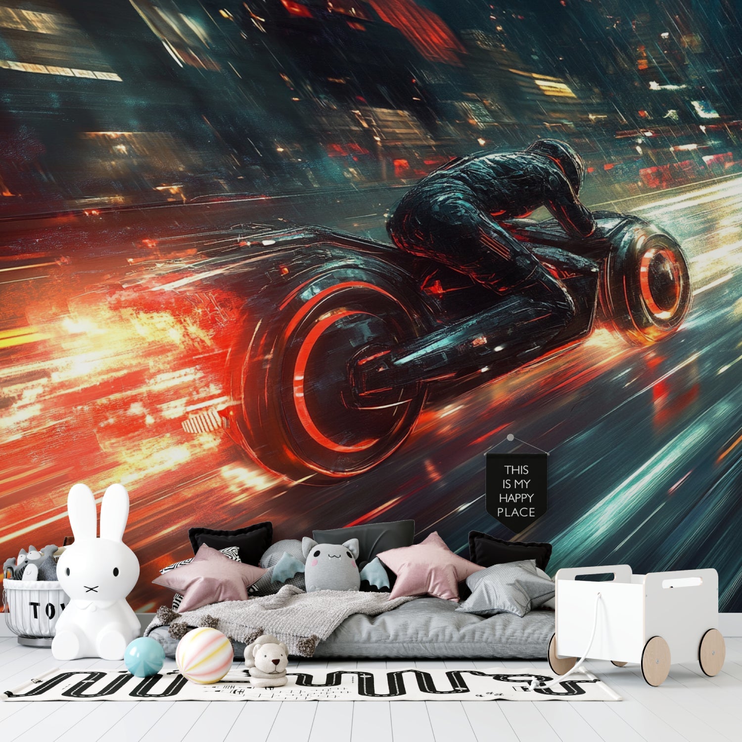 Cyberpunk motorcycle mural creating amazing atmosphere in teen bedroom