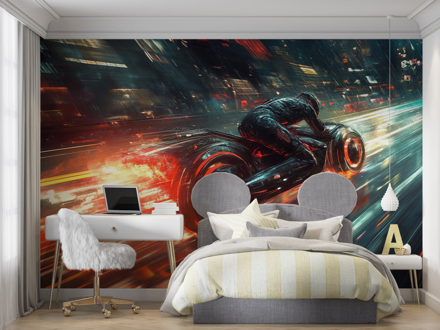 Neon motorcycle wall design brightening up modern living room space