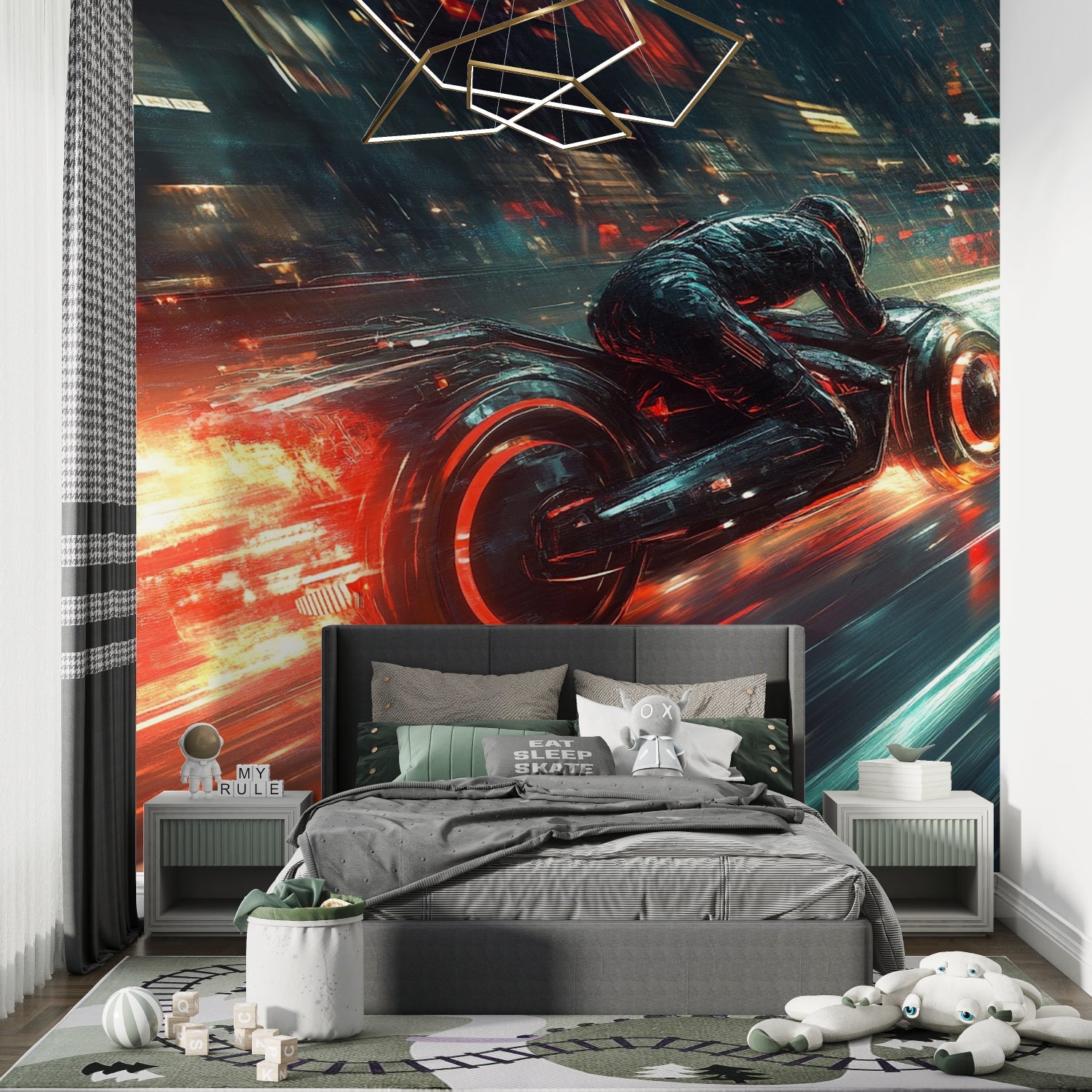 Speed-themed motorcycle mural adding energy to gaming corner